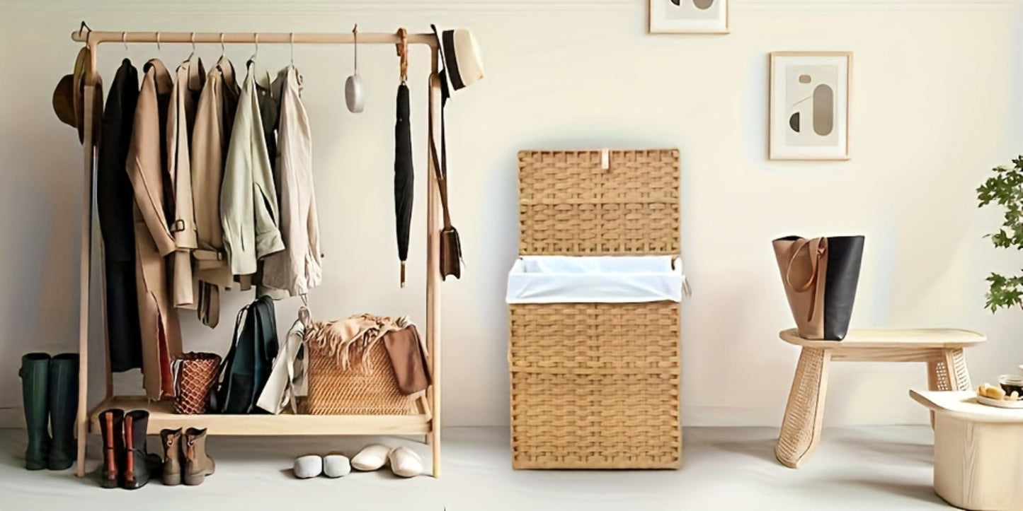 Lidded Woven Laundry Hamper with Removable Liner in Goose Yellow or Dove Gray and Two Capacity Labels