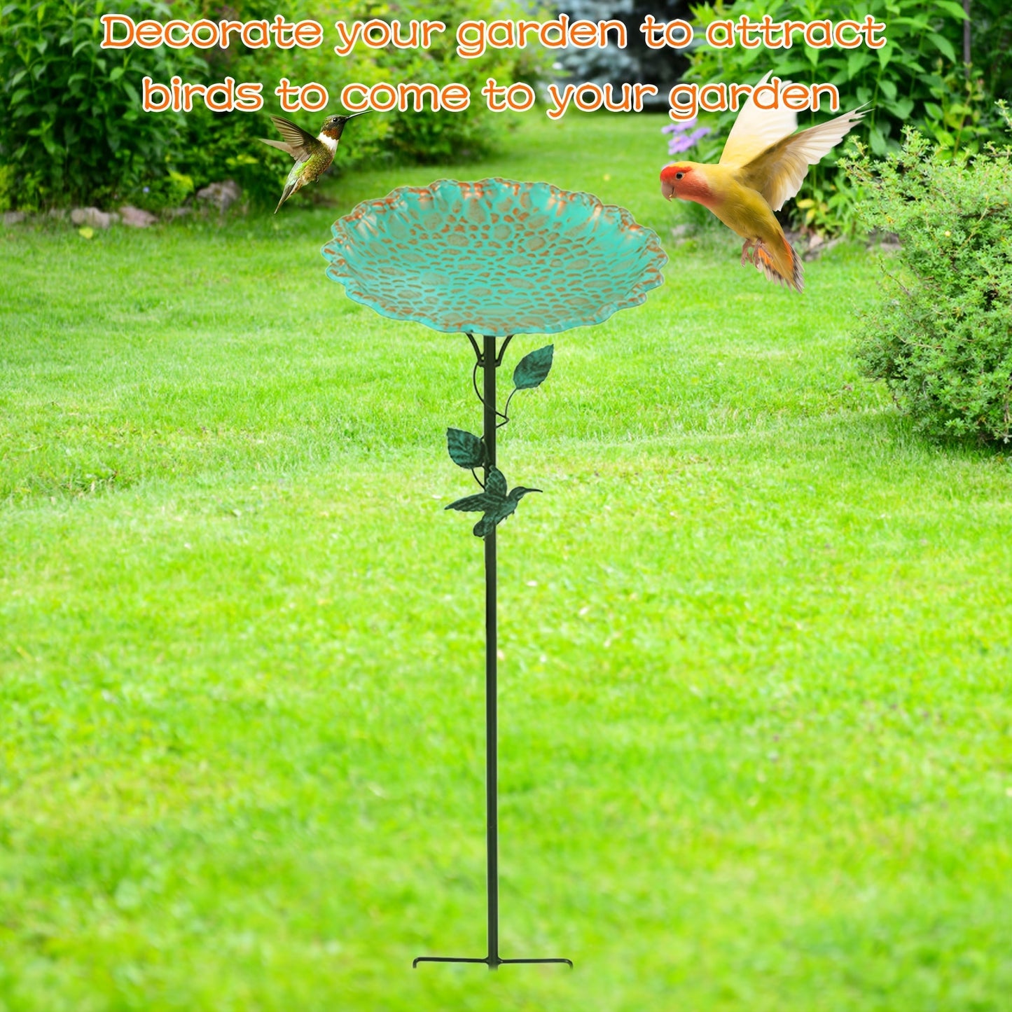 Green Sculpted Lotus-Leaf Bird Bath with 26 cm Bowl, 82 cm Ground Stake and Decorative Bird Perch
