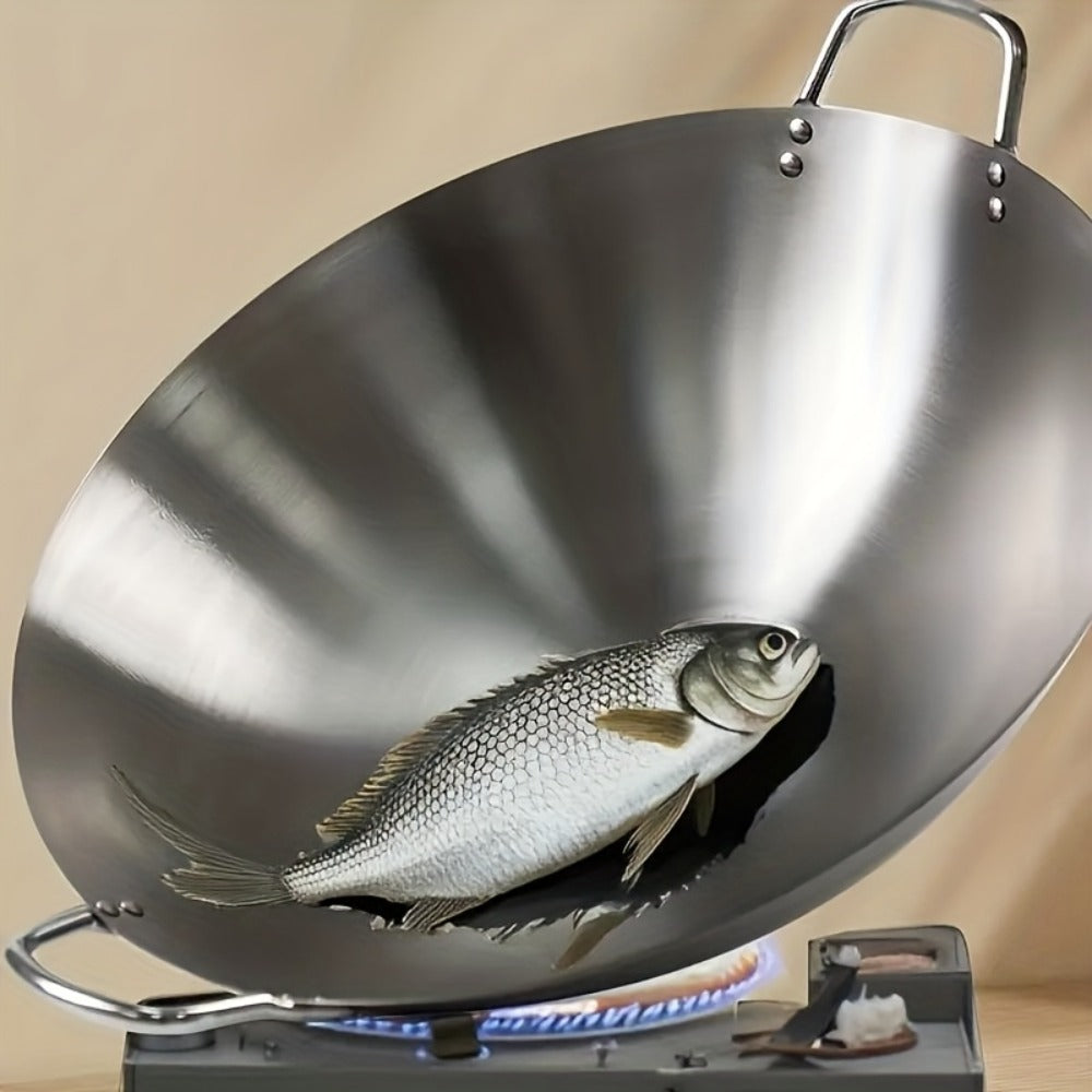 Stainless Steel Wok & Frying Pan, Non-Stick Cooking Surface, Handle, Compatible with Gas, Induction & Electric Stovetops