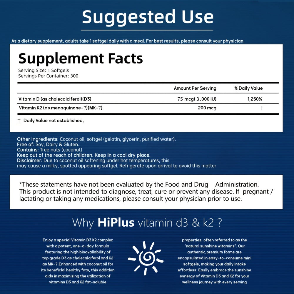 Vitamin D3 K2 MK-7 Supplement 300 Softgels for Bath Time, Home Spa and Personal Care, with the Listed Configuration
