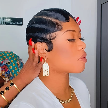 4-Inch Finger Wave Pixie Human Hair Wig with 180% Density, Rose Net Cap and 1B or 613 Color