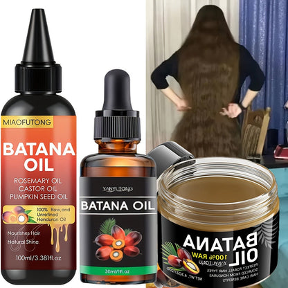 Three-Piece Batana Hair Care Kit with 3.38 oz Pointed Oil Bottle, Dropper and Cream Formats
