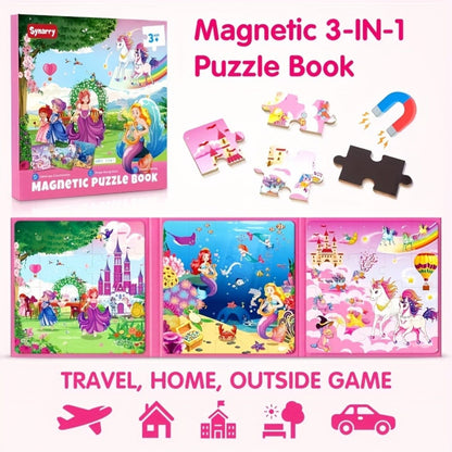 Magnetic Puzzle Book for Girls 3 4 5 6, 3-in-1 Unicorn Mermaid Princess Travel Puzzles, 20 Pieces Folding Magnetic Jigsaw for Toddlers