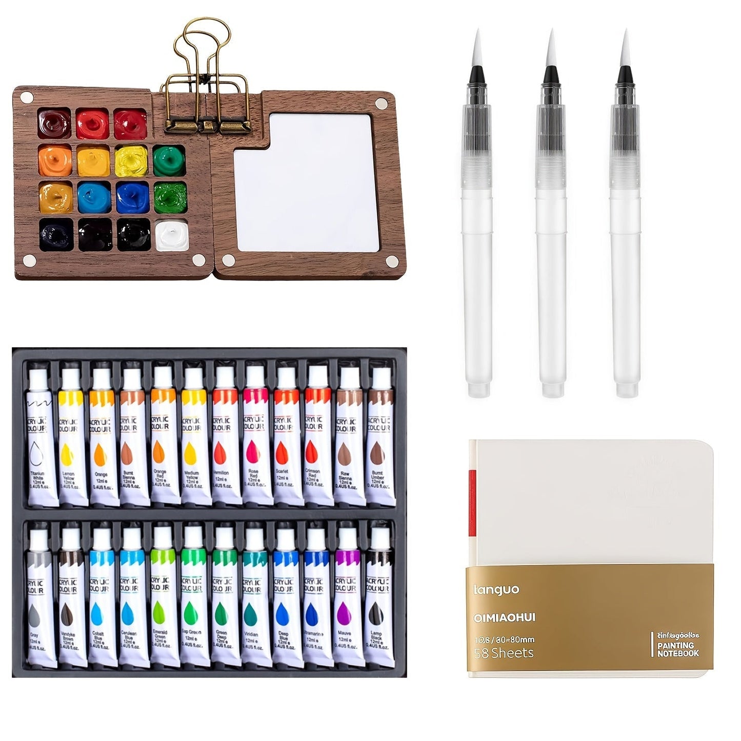 Portable Watercolor Paint Set 24 Colors with 15-Grid Palette 3 Brushes with the Listed Color, Size or Set Options for Everyday Use