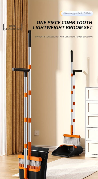 Folding Broom and Dustpan Set with Sectioned Handle, Rotating Head and Nine Blue, Orange or Khaki Checkout Options