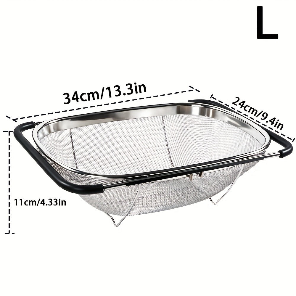 Expandable Sink Colander Stainless Steel, Over the Sink Strainer Basket with Fine Mesh & Rubber Grip