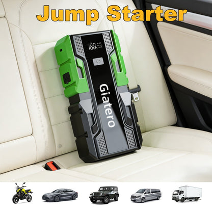 Giatero 10000A Car Jump Starter with 12V Battery Clamps, Digital Display, LED Light and Integrated Air Compressor