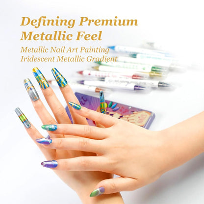 Nail Art Pens Set 10 Metallic Colors with 12pcs Nail Stickers – Dual-Headed 3D Acrylic Polish Markers for Doodle Dot Line Stitching Graffiti