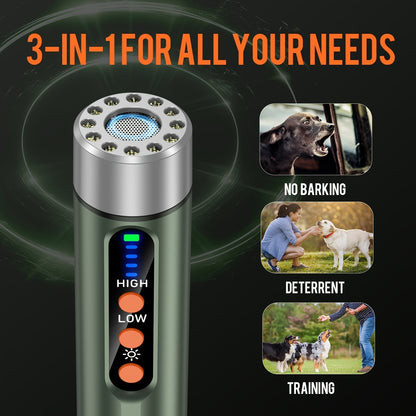 Cylindrical Rechargeable Ultrasonic Dog Training Aid with Flashlight and Green or Silver Finish