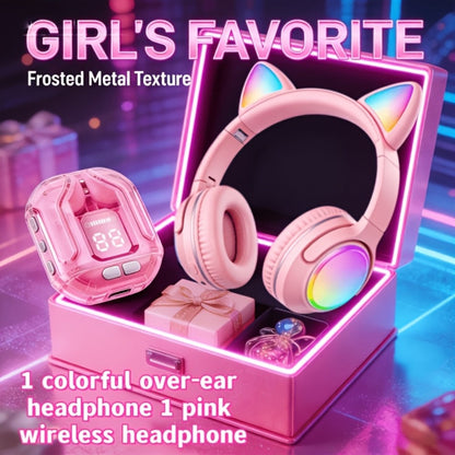 Cute Pink Cat Ear Headphones & Wireless Earbuds Gift Set Bundle LED Glowing Over-Ear for Bedside Audio, Alarms and Room Entertainment
