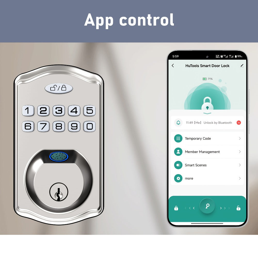 Smart Door Lock Deadbolt with Fingerprint Keypad App and Key Access in Black or Silver Options