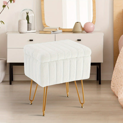 Faux Fur Storage Ottoman Stool, Furry Vanity Seat with Storage, 4 Metal Legs & Feet, Cute Modern Multi-Function Chair for Bedroom