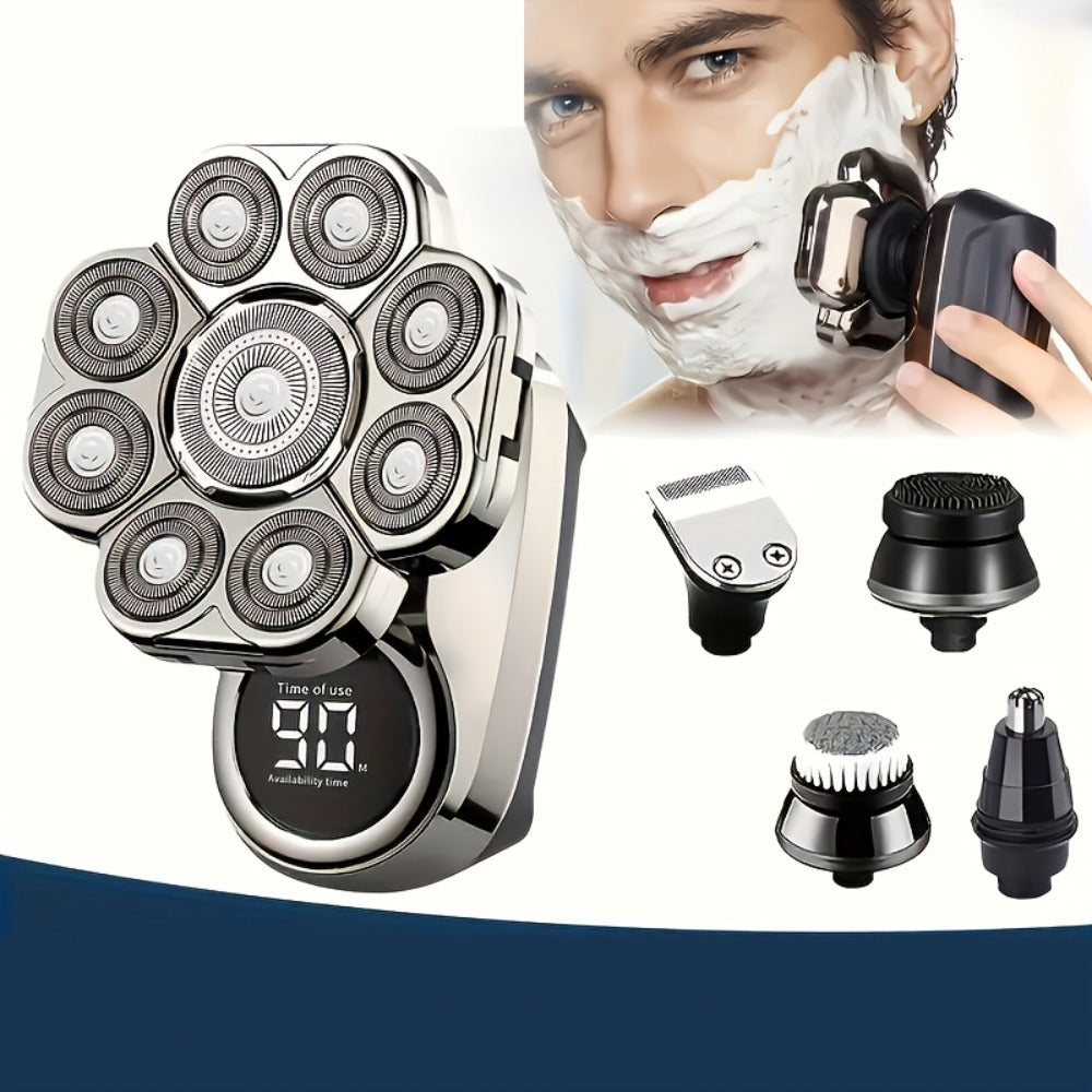 Nine-Head Rotary Electric Shaver Kit with Four Grooming Attachments, LED Display and Silver Finish
