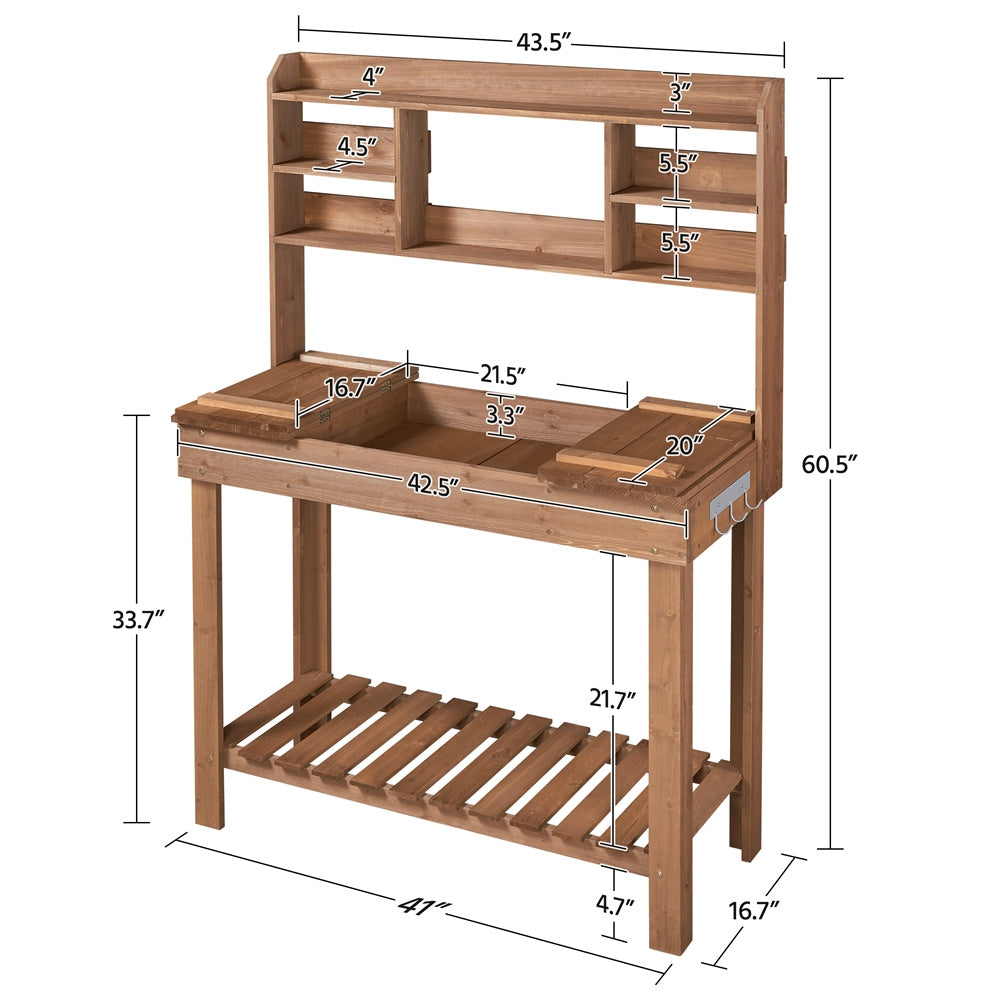Potting Bench Table Fir Wood Iron Frame Switchable Top Integrated Sink 3-Tier Display Rack Storage Shelf for Garden, Patio and Yard Use
