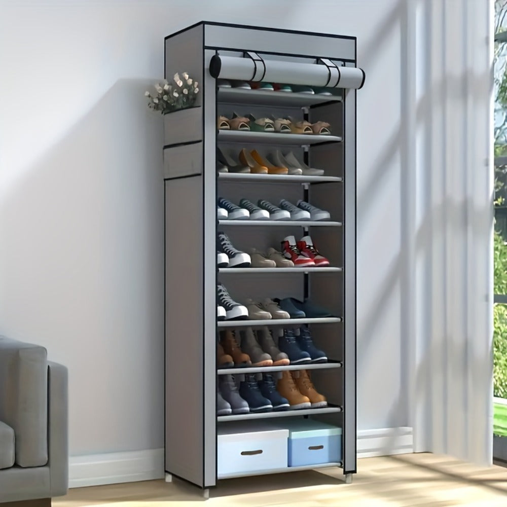 Shoe Rack 10-Layer Portable Cabinet for Up to 50 Pairs with Nonwoven Dust Cover and Steel Frame