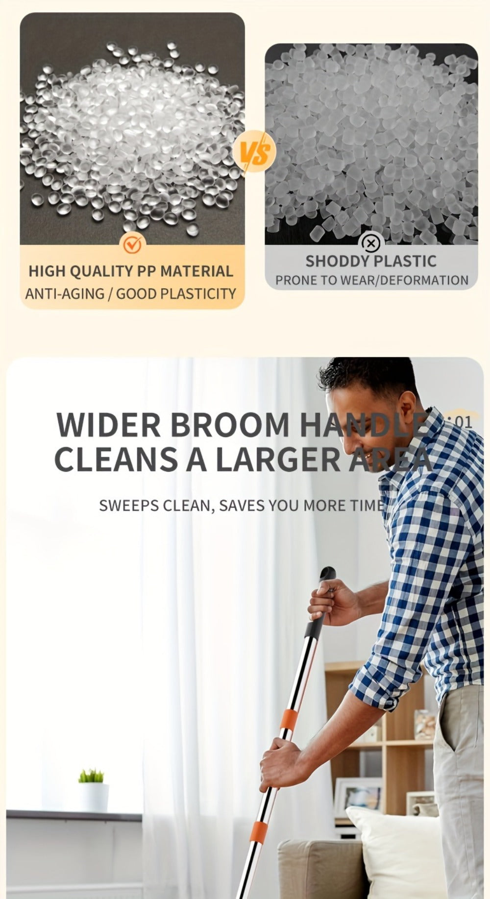 Folding Broom and Dustpan Set with Sectioned Handle, Rotating Head and Nine Blue, Orange or Khaki Checkout Options