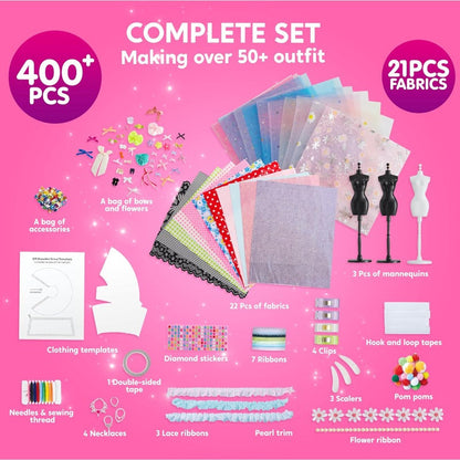 Fashion Design Kit for Girls 400+ Pieces, 3 Mannequins 21 Fabrics Ribbons Trims No-Sew DIY Dress Up Craft Set
