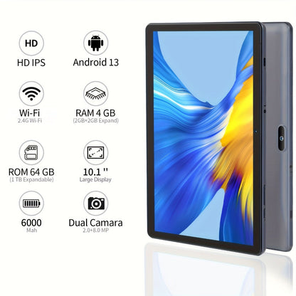 Android Tablet 10.1-Inch with Android 13, 4GB Total RAM, 64GB Internal Storage and WiFi-Only Design