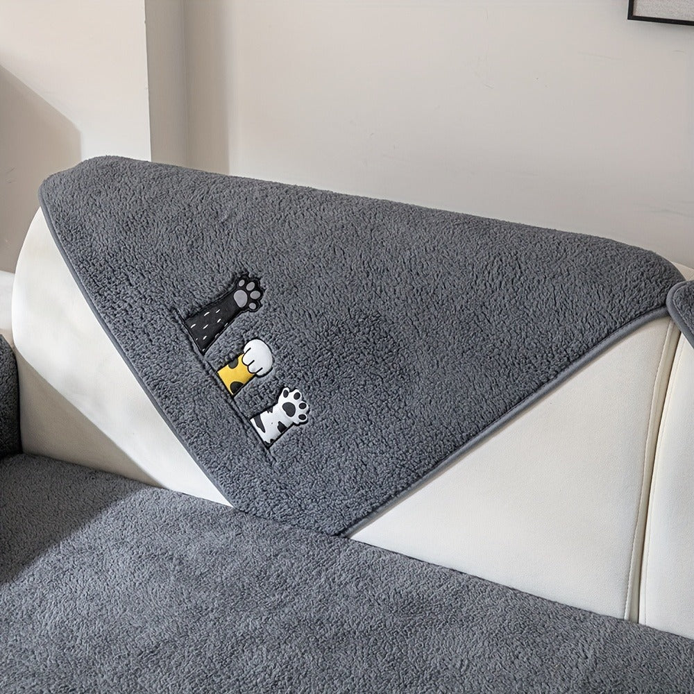 Sofa Cover, Sherpa Plush Cat-Paw Embroidered Seat Pad with Backing Detail in Four Colors and Seven Sizes