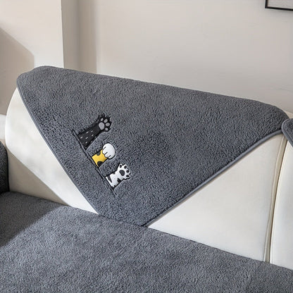Sofa Cover, Sherpa Plush Cat-Paw Embroidered Seat Pad with Backing Detail in Four Colors and Seven Sizes