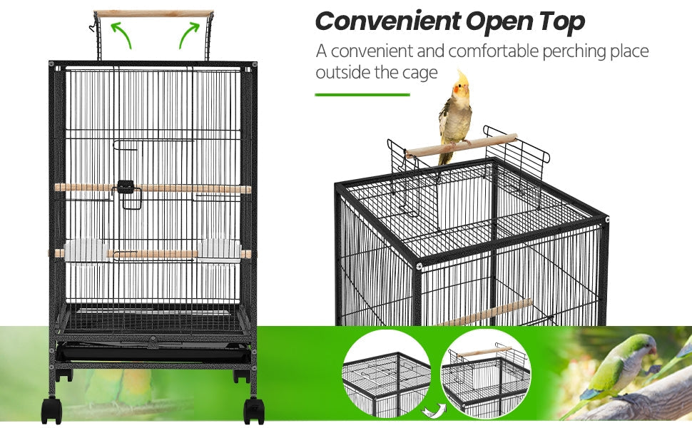 Bird Cage with Rolling Stand Open Top 31 Inch Wrought Iron Black – Slide Out Tray Feeder Doors, for Everyday Bird and Small Animal Care