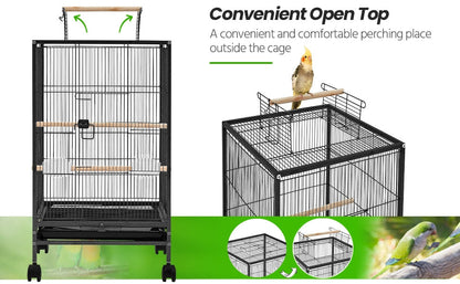 Bird Cage with Rolling Stand Open Top 31 Inch Wrought Iron Black – Slide Out Tray Feeder Doors, for Everyday Bird and Small Animal Care
