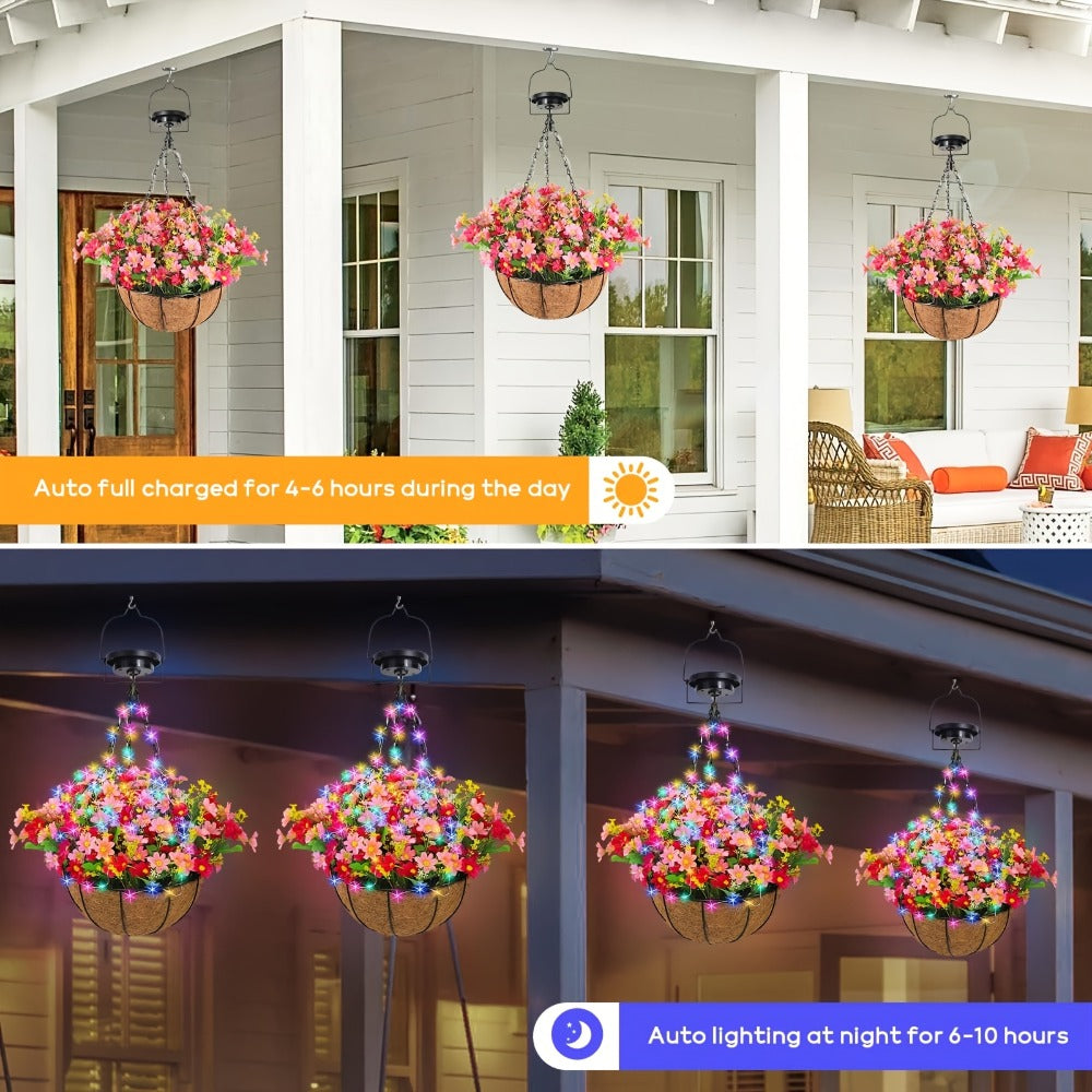Solar Hanging Flower Basket with RGB String Lights, 10 Inch Artificial Flowers, Dusk-to-Dawn Auto On