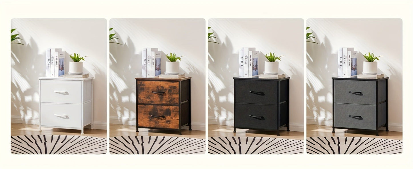 Nightstand with 2 Storage Drawers, 20" Bedside Table with Wooden Top & Fabric Cabinet, Steel Frame Mini Dresser for Bedroom