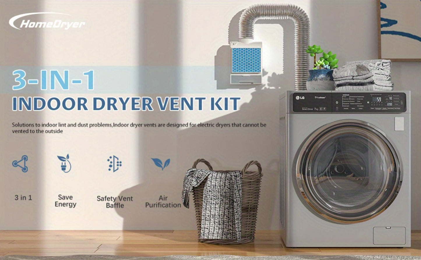 Indoor Dryer Vent Kit 3-in-1 Lint Trap Filter Box Stainless Steel Screen 6 Polyester Filters Reusable Washable Reduces Moisture Prevents
