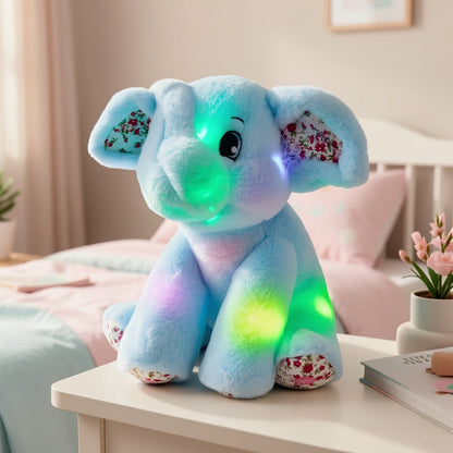 Plush Toy Blue Elephant with LED Glow and Optional Lullaby Music for Soft Room Display and Gifting