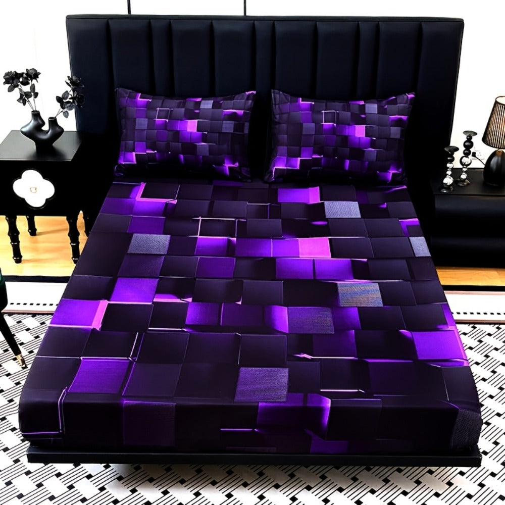 Fitted Sheet Set 3pcs Plaid Digital Print Deep Pocket 15" All Season Bed Sheet + 2 Pillowcases No Filling Twin Full Queen King