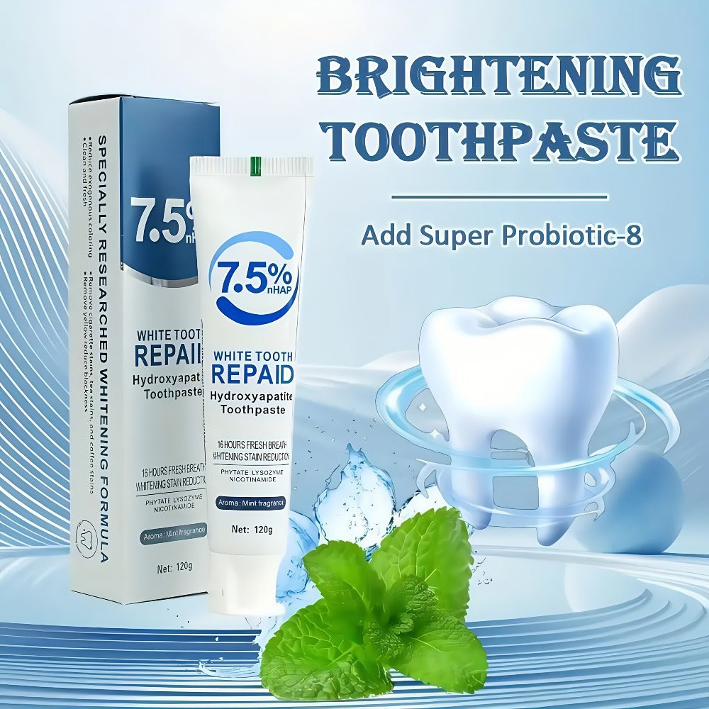 Six-Pack 120g Mint Toothpaste Tubes with 7.5% Hydroxyapatite and SP-8 Probiotics Package Labels