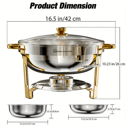 Gold Chafing Dishes Buffet Set 5QT Round Stainless Steel Food Warmer with Glass Lid Lid for Entryways, Bedrooms and Living Spaces