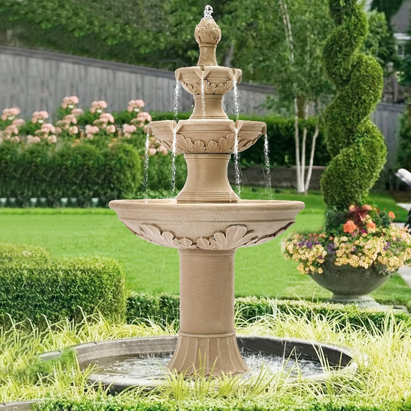Outdoor Water Fountain 3-Tier 48.4" – Italian Cascading Garden Fountain with Carved Flowers, IPX5 Pump, Large Floor-Standing Resin Bubbler