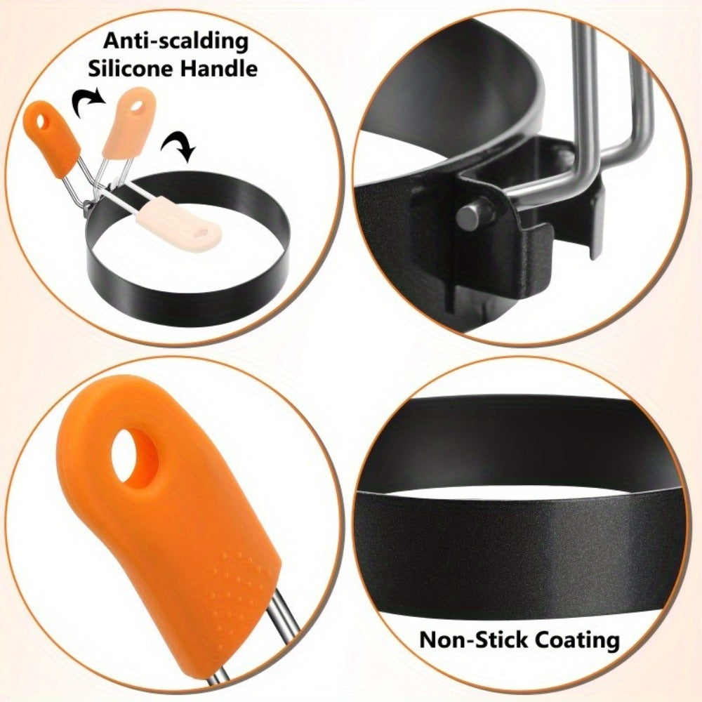 Egg Ring Set 6pcs Nonstick Stainless Steel Pancake Mold 4 Inch and 6 Inch Silicone Handle for Entryways, Bedrooms and Living Spaces