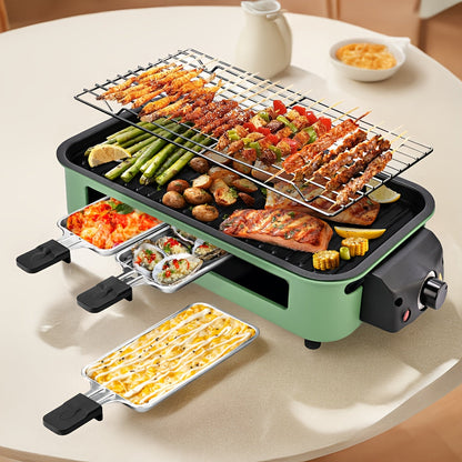 Indoor Electric Smokeless Grill 1700W with Raclette Pans, Non-Stick Plate, Portable Tabletop BBQ Griddle for Couples