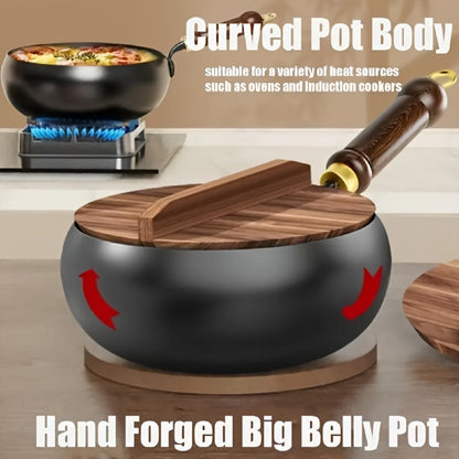 Cast Iron Wok 9.45 Inch Japanese Uncoated Iron Frying Pan Round Bottom Stir Fry Pan with Lid for Home Cooking, Dining and Outdoor Meals