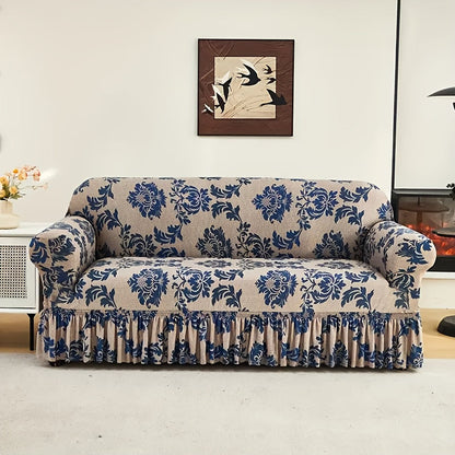 Sofa Cover Dark Blue Printed Skirt Slipcover with High-Elasticity Fiber and Fixing Rods with Model-Specific Size and Color Options