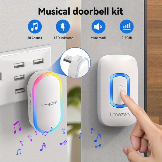 USB Plugin Wireless Doorbell Kit with 60 Melodies, 5 Volume Levels & Colorful LED Indicator, 1000ft Range