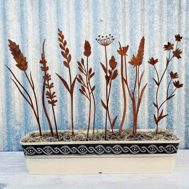 Rustic Metal Wildflower Stems, 12-Piece 30 cm Botanical Set for Vases, Planters and Garden Beds