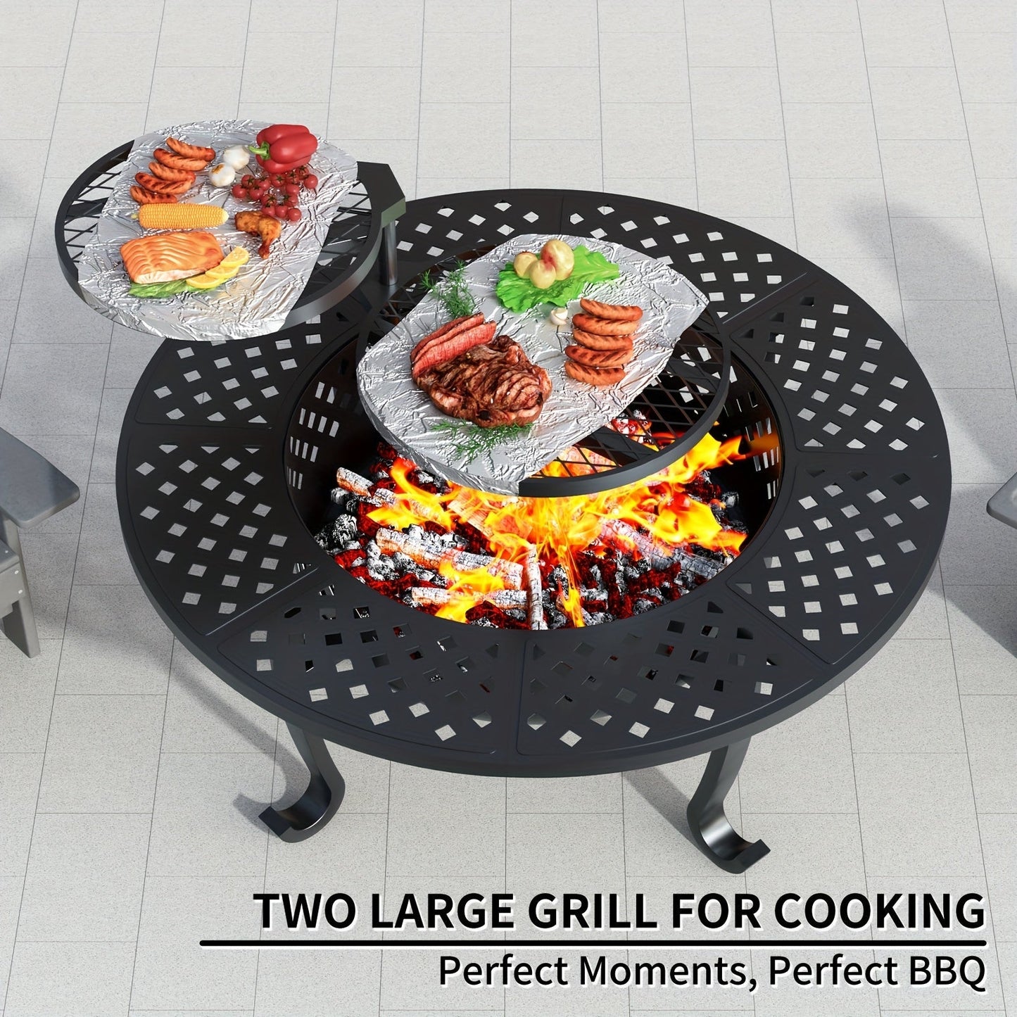 43-Inch Round Fire Pit Table with Two Cooking Grates, Center Lid, Perforated Bowl and Long Poker