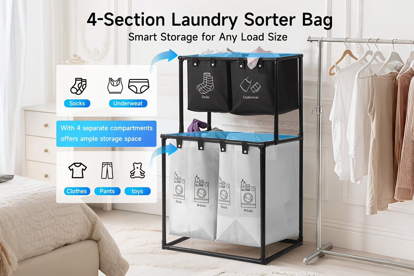Laundry Sorter 2 Compartment Hamper – 2-Tier Metal Frame Laundry Hamper with Handles, Breathable Mesh Bags & Cable Ties