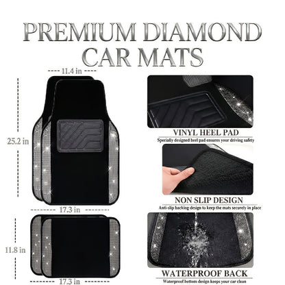 Crystal Bling Car Floor Mats for Women – Sparkling Diamond & Flash Glitter Universal Non-Slip Waterproof Auto Floor Pads