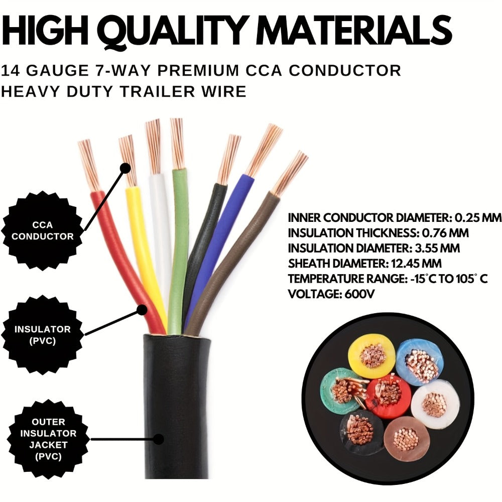 7-Way Trailer Wire 14 Gauge CCA 7 Conductor Color-Coded Heavy Duty Wiring Harness for Trailer RV Camper – 50FT or 100FT