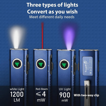 EDC Pocket Flashlight, 1200 Lumen Triple Light Source with White UV Red Beam & Laser, Type-C Rechargeable 5-Mode Mini LED Torch
