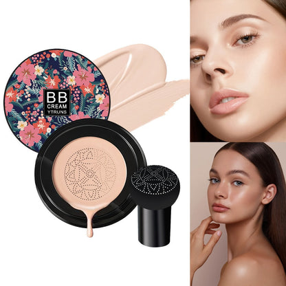 Floral Compact Air Cushion Foundation with Mushroom Puff Applicator and Ivory, Natural or Dark Shades