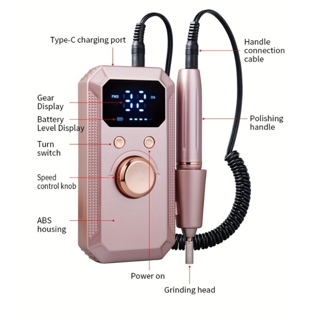 Electric Nail Drill Rechargeable Kit with Display, 11 Grinding Heads, 20 Sanding Rings and Three Colors
