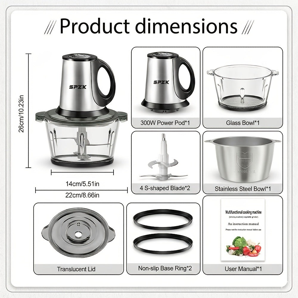 Electric Food Chopper with 2 Bowls & 2 Blades, Multi-Function Food Processor, Meat Grinder & Vegetable Chopper for Meats