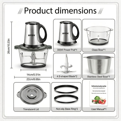 Electric Food Chopper with 2 Bowls & 2 Blades, Multi-Function Food Processor, Meat Grinder & Vegetable Chopper for Meats