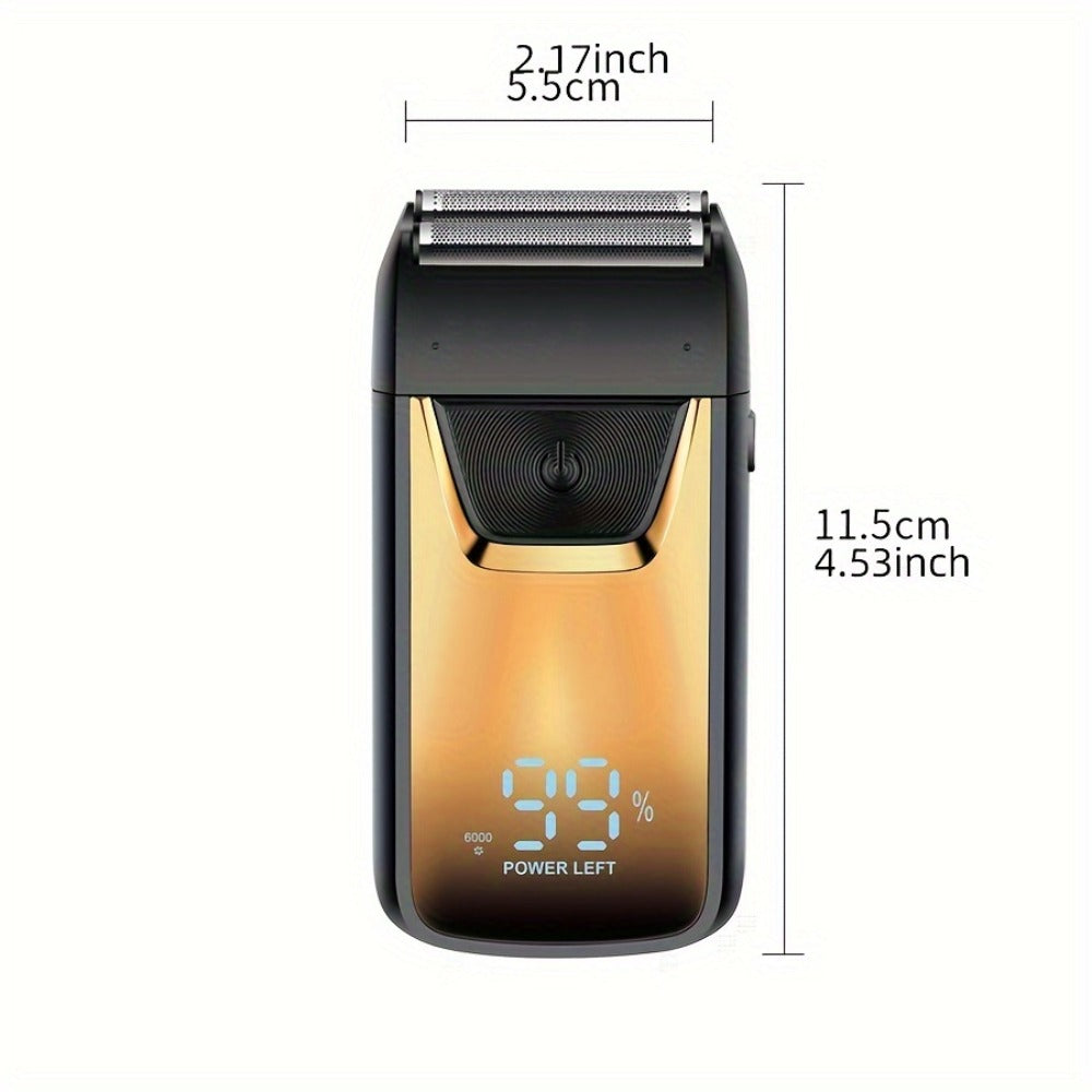 Golden-and-Black Electric Foil Shaver with Rectangular Head, Front Display and Charging Stand